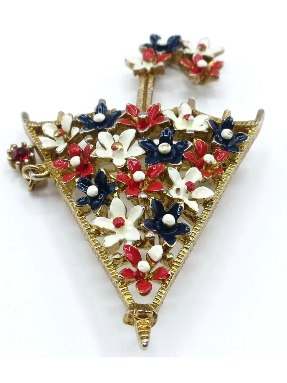 Lisner Umbrella Brooch, Rhinestone Dangle Red White Blue Enamel Flowers Pin, A16